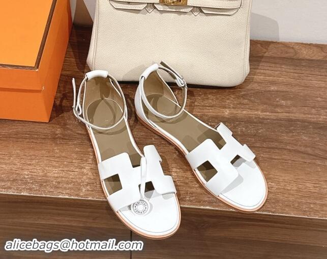 Best Grade Hermes Santorini Flat Sandals in Smooth Calfskin White 909018