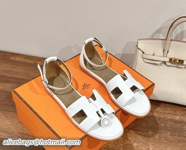 Best Grade Hermes Santorini Flat Sandals in Smooth Calfskin White 909018