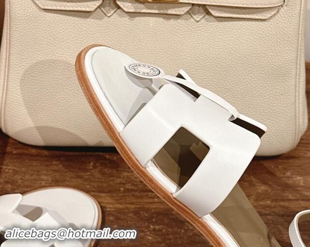 Best Grade Hermes Santorini Flat Sandals in Smooth Calfskin White 909018