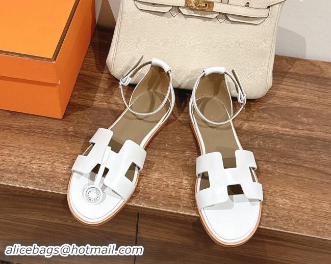 Best Grade Hermes Santorini Flat Sandals in Smooth Calfskin White 909018