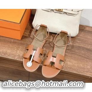 Trendy Design Hermes Santorini Flat Sandals in Smooth Calfskin Brown 909019