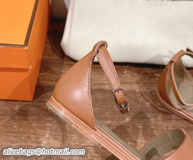 Trendy Design Hermes Santorini Flat Sandals in Smooth Calfskin Brown 909019