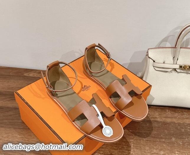 Trendy Design Hermes Santorini Flat Sandals in Smooth Calfskin Brown 909019