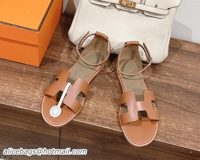 Trendy Design Hermes Santorini Flat Sandals in Smooth Calfskin Brown 909019