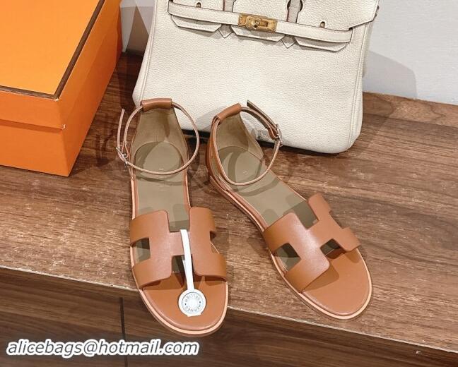 Trendy Design Hermes Santorini Flat Sandals in Smooth Calfskin Brown 909019