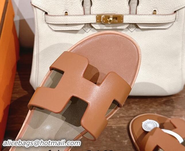 Trendy Design Hermes Santorini Flat Sandals in Smooth Calfskin Brown 909019