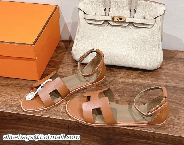 Trendy Design Hermes Santorini Flat Sandals in Smooth Calfskin Brown 909019