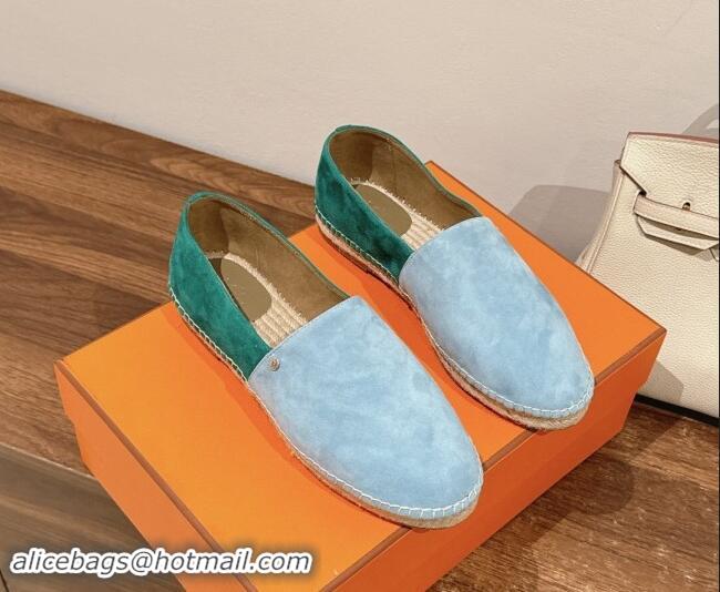 Charming Hermes Joven Espadrilles Flat in Patchwork Suede Blue/Green 909021