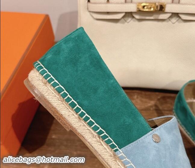 Charming Hermes Joven Espadrilles Flat in Patchwork Suede Blue/Green 909021