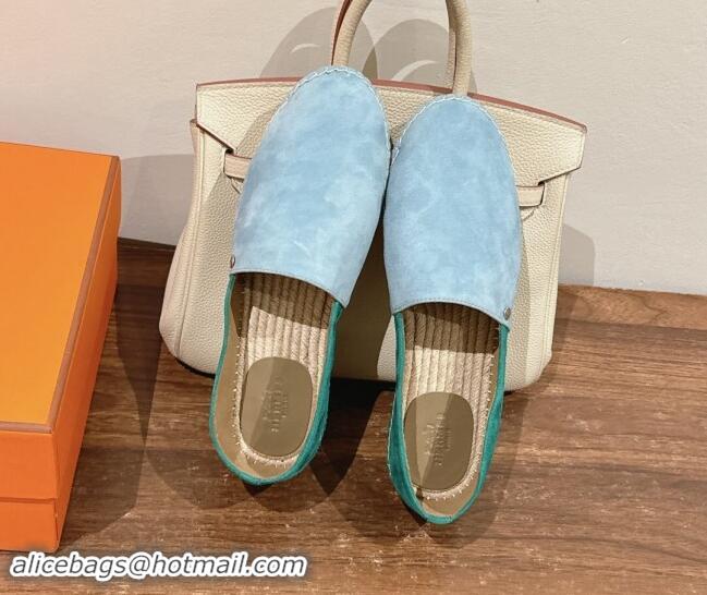 Charming Hermes Joven Espadrilles Flat in Patchwork Suede Blue/Green 909021