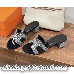 Sophisticated Hermes Classci Oasis Heel Slides Sandal 5cm in Suede and Strass Black/Clear 909024