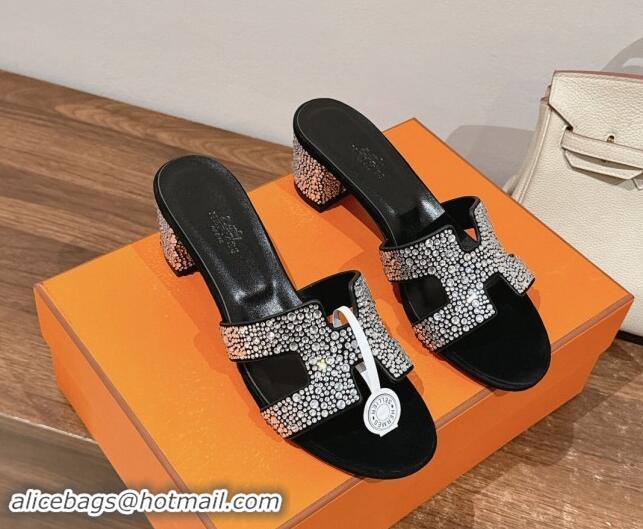 Sophisticated Hermes Classci Oasis Heel Slides Sandal 5cm in Suede and Strass Black/Clear 909024