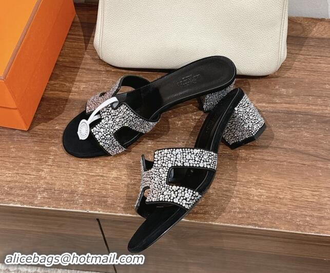 Sophisticated Hermes Classci Oasis Heel Slides Sandal 5cm in Suede and Strass Black/Clear 909024