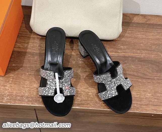 Sophisticated Hermes Classci Oasis Heel Slides Sandal 5cm in Suede and Strass Black/Clear 909024