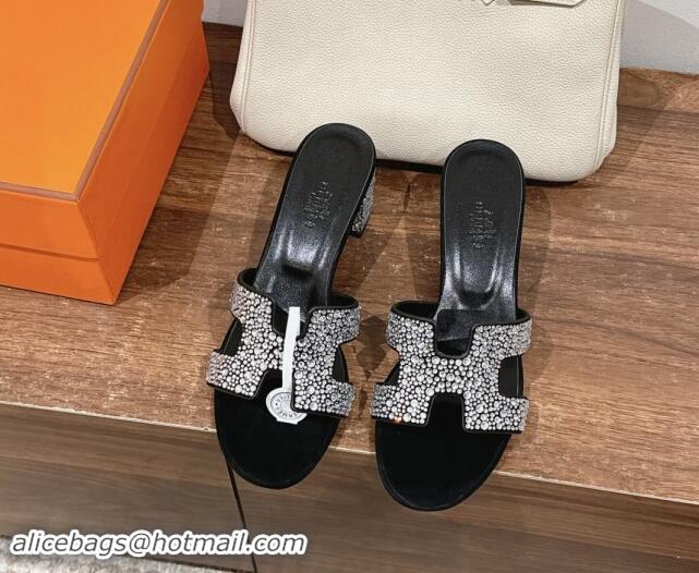 Sophisticated Hermes Classci Oasis Heel Slides Sandal 5cm in Suede and Strass Black/Clear 909024