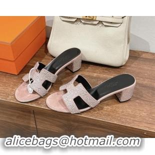 Top Design Hermes Classci Oasis Heel Slides Sandal 5cm in Suede and Strass Pale Pink 909025