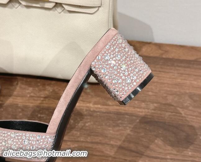 Top Design Hermes Classci Oasis Heel Slides Sandal 5cm in Suede and Strass Pale Pink 909025