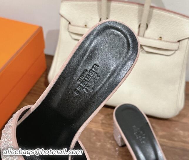 Top Design Hermes Classci Oasis Heel Slides Sandal 5cm in Suede and Strass Pale Pink 909025