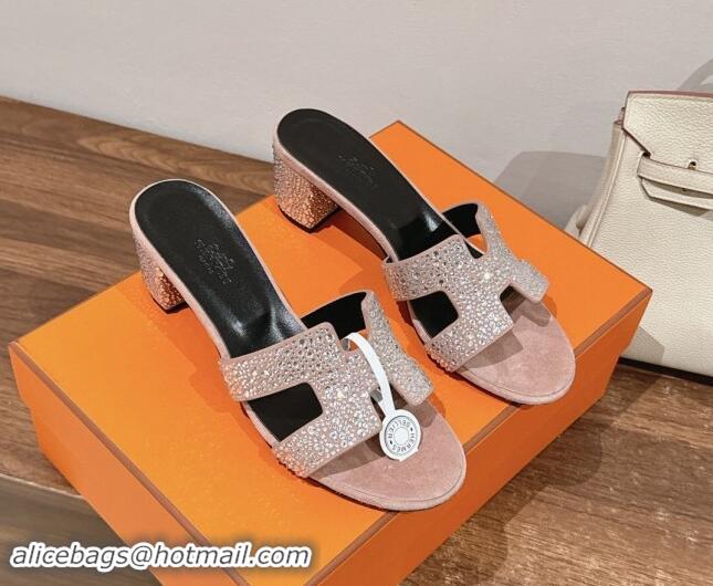 Top Design Hermes Classci Oasis Heel Slides Sandal 5cm in Suede and Strass Pale Pink 909025