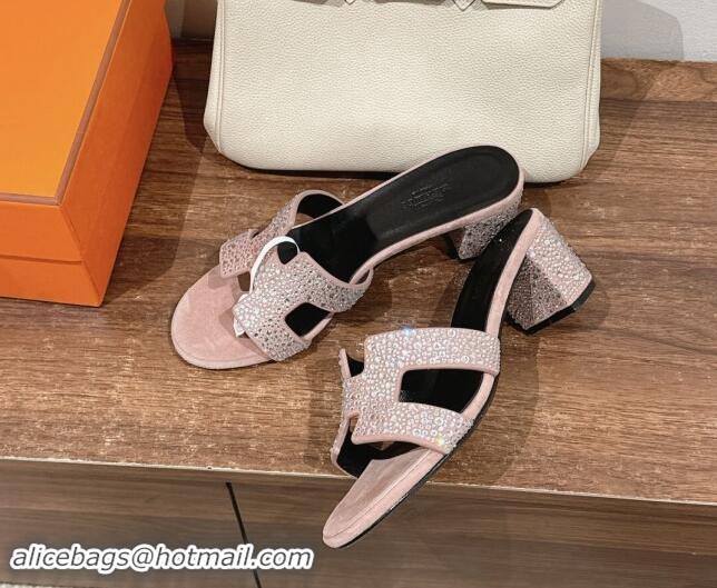 Top Design Hermes Classci Oasis Heel Slides Sandal 5cm in Suede and Strass Pale Pink 909025