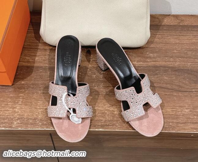 Top Design Hermes Classci Oasis Heel Slides Sandal 5cm in Suede and Strass Pale Pink 909025