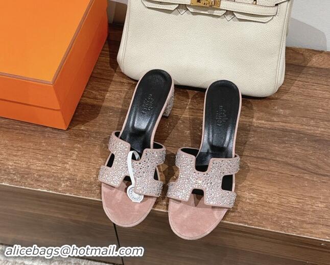 Top Design Hermes Classci Oasis Heel Slides Sandal 5cm in Suede and Strass Pale Pink 909025