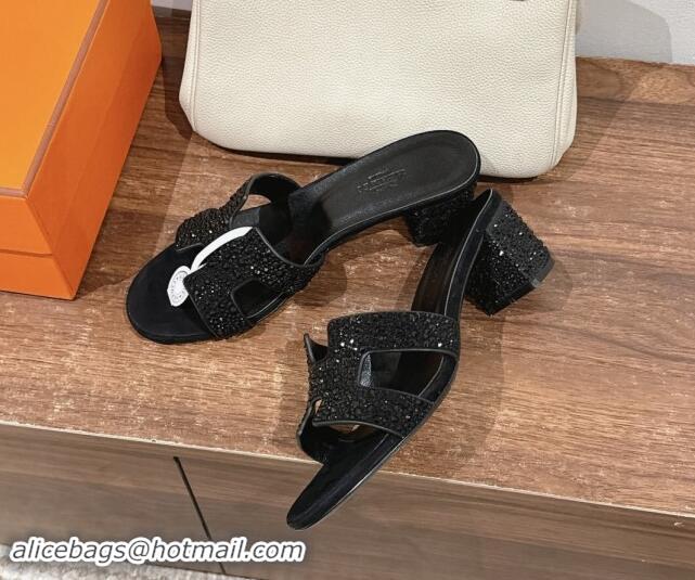 Low Price Hermes Classci Oasis Heel Slides Sandal 5cm in Suede and Strass All Black 909026