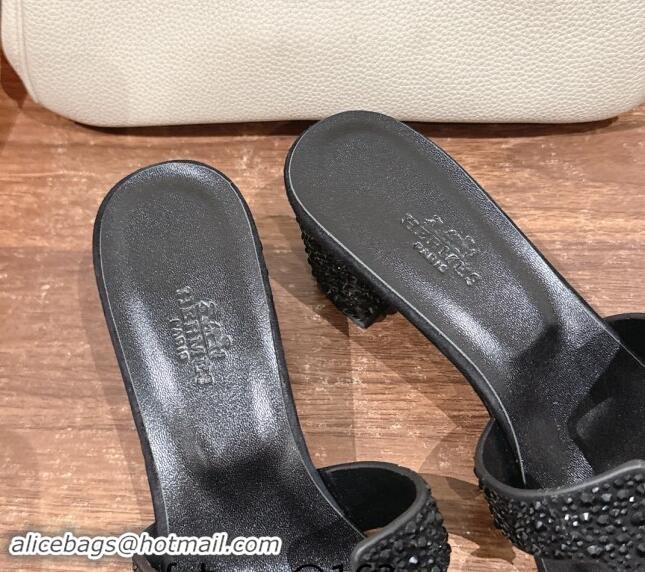 Low Price Hermes Classci Oasis Heel Slides Sandal 5cm in Suede and Strass All Black 909026