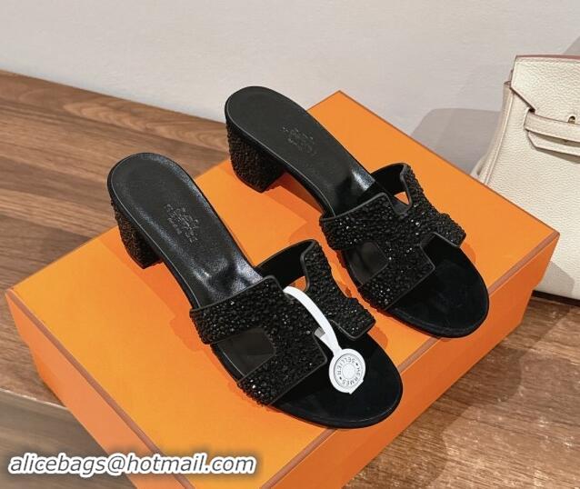 Low Price Hermes Classci Oasis Heel Slides Sandal 5cm in Suede and Strass All Black 909026