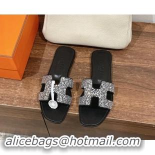 Buy Luxury Hermes Classci Oran Flat Slides Sandal in Suede and Strass Black/Clear 909027