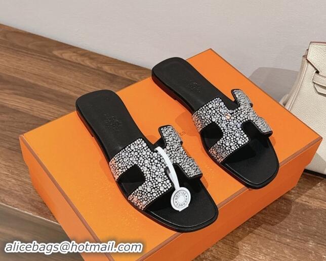 Buy Luxury Hermes Classci Oran Flat Slides Sandal in Suede and Strass Black/Clear 909027