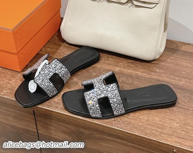 Buy Luxury Hermes Classci Oran Flat Slides Sandal in Suede and Strass Black/Clear 909027