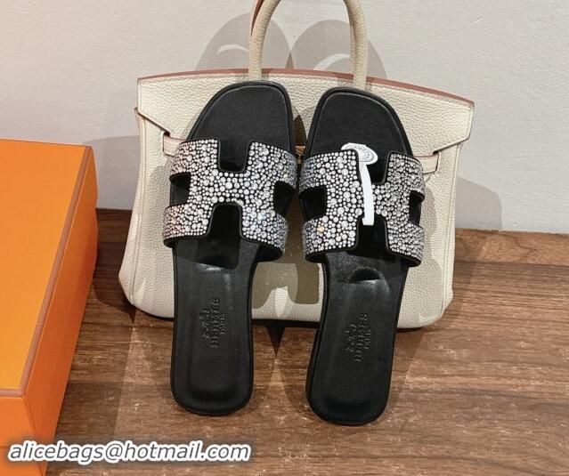 Buy Luxury Hermes Classci Oran Flat Slides Sandal in Suede and Strass Black/Clear 909027