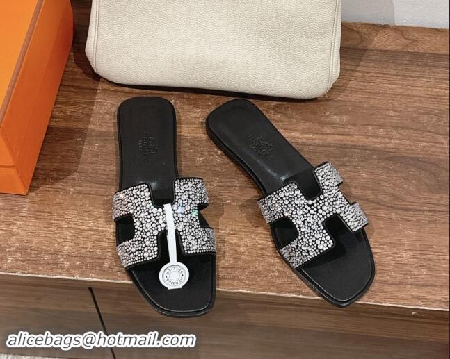 Buy Luxury Hermes Classci Oran Flat Slides Sandal in Suede and Strass Black/Clear 909027