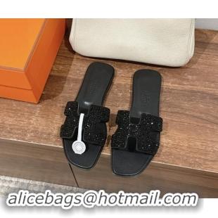 Good Quality Hermes Classci Oran Flat Slides Sandal in Suede and Strass All Black 909028