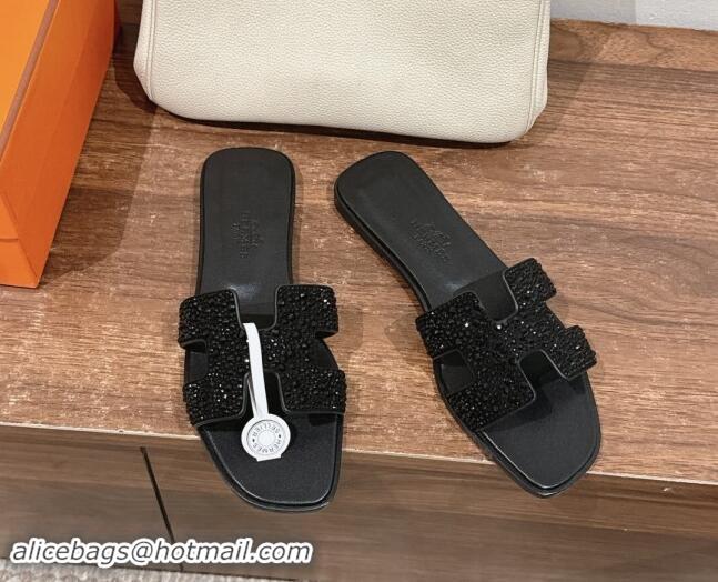 Good Quality Hermes Classci Oran Flat Slides Sandal in Suede and Strass All Black 909028