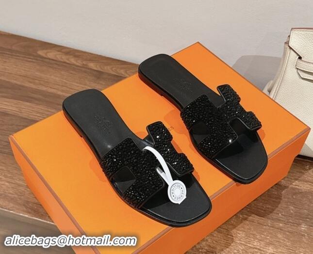 Good Quality Hermes Classci Oran Flat Slides Sandal in Suede and Strass All Black 909028