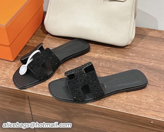 Good Quality Hermes Classci Oran Flat Slides Sandal in Suede and Strass All Black 909028