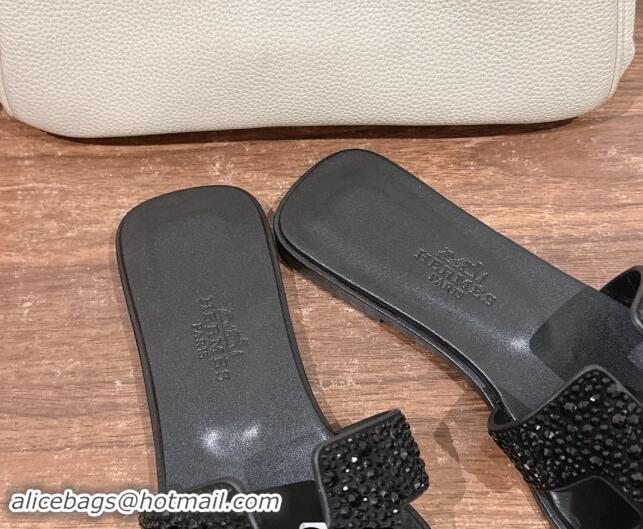 Good Quality Hermes Classci Oran Flat Slides Sandal in Suede and Strass All Black 909028