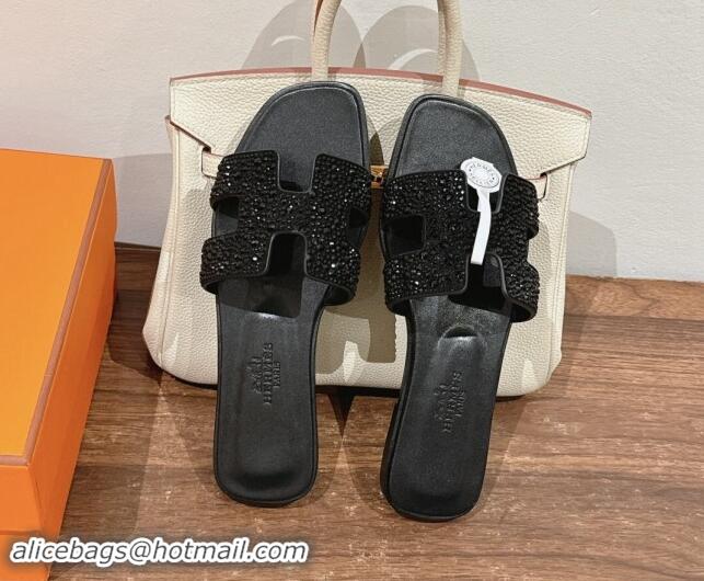 Good Quality Hermes Classci Oran Flat Slides Sandal in Suede and Strass All Black 909028