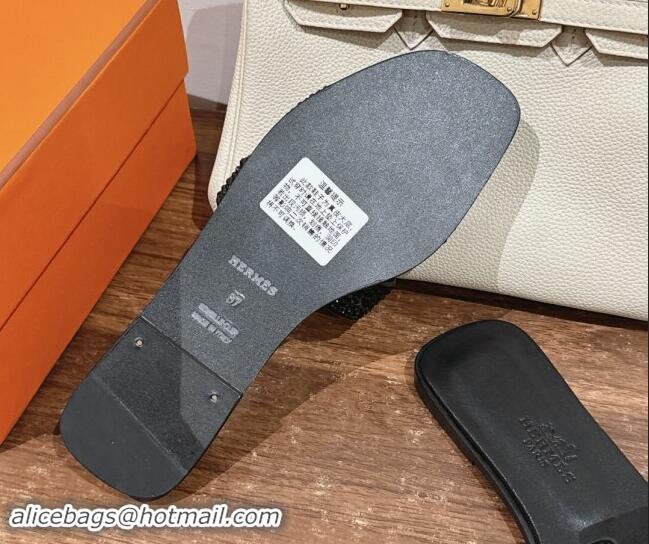 Good Quality Hermes Classci Oran Flat Slides Sandal in Suede and Strass All Black 909028