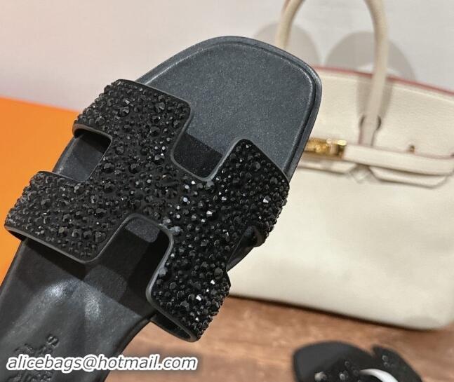 Good Quality Hermes Classci Oran Flat Slides Sandal in Suede and Strass All Black 909028