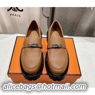 Big Discount Hermes Icone Platform Loafers in Calfskin with Kelly Buckle Brown 909029