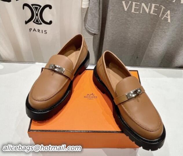 Big Discount Hermes Icone Platform Loafers in Calfskin with Kelly Buckle Brown 909029