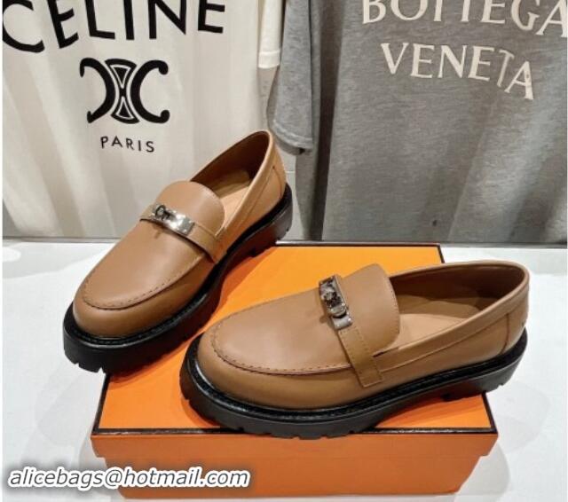 Big Discount Hermes Icone Platform Loafers in Calfskin with Kelly Buckle Brown 909029