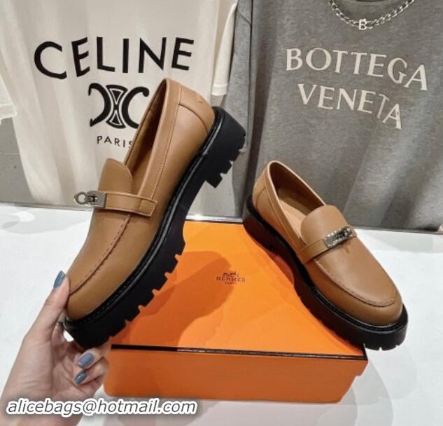 Big Discount Hermes Icone Platform Loafers in Calfskin with Kelly Buckle Brown 909029