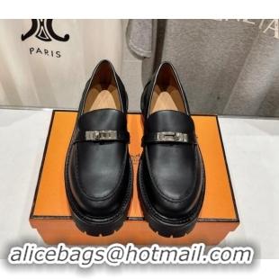 Buy Luxury Hermes Icone Platform Loafers in Calfskin with Kelly Buckle Black 909030