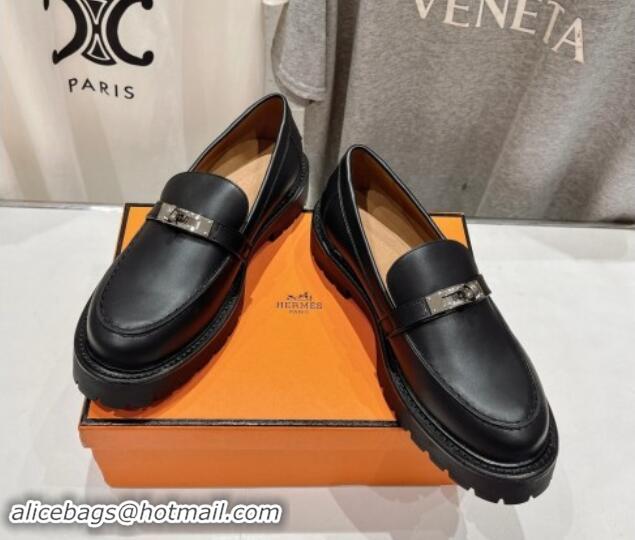 Buy Luxury Hermes Icone Platform Loafers in Calfskin with Kelly Buckle Black 909030