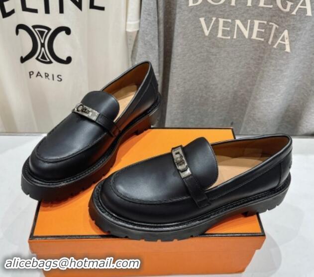 Buy Luxury Hermes Icone Platform Loafers in Calfskin with Kelly Buckle Black 909030