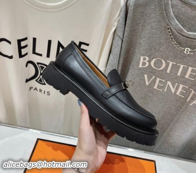 Buy Luxury Hermes Icone Platform Loafers in Calfskin with Kelly Buckle Black 909030